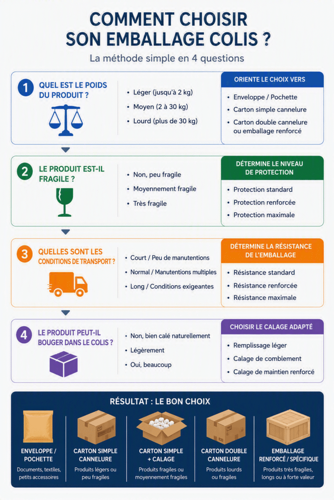 Infographie expliquant comment choisir un emballage colis selon quatre critères : poids du produit, fragilité, conditions de transport et niveau de calage nécessaire afin de déterminer le type d’emballage adapté.