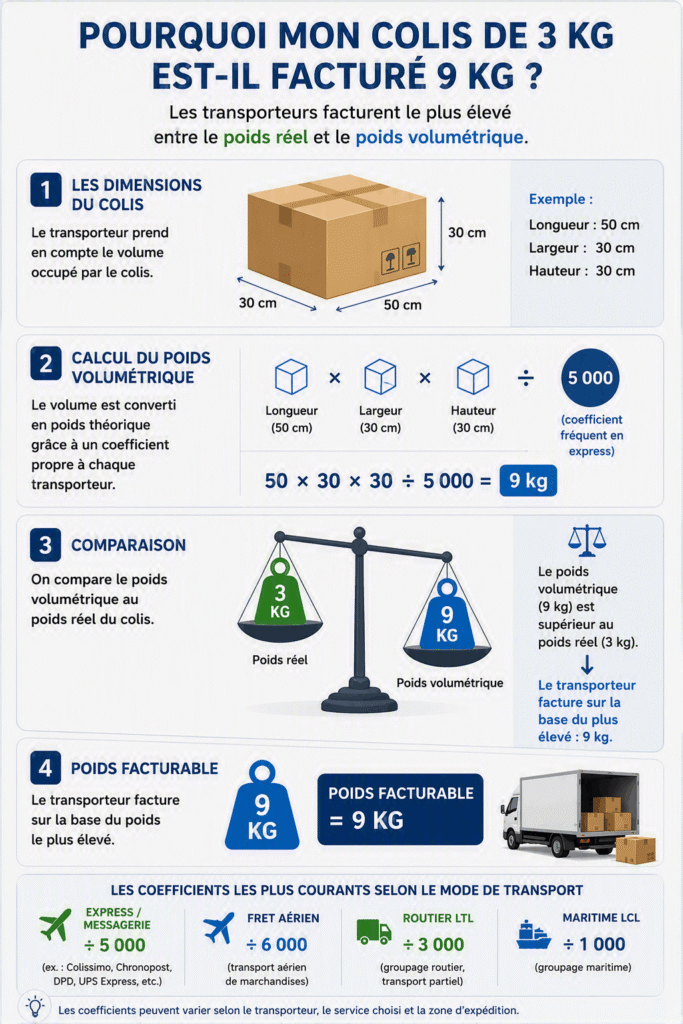 Infographie expliquant pourquoi un colis de 3 kg peut être facturé 9 kg lorsqu’un transporteur compare le poids réel au poids volumétrique calculé à partir des dimensions du colis et retient la valeur la plus élevée.