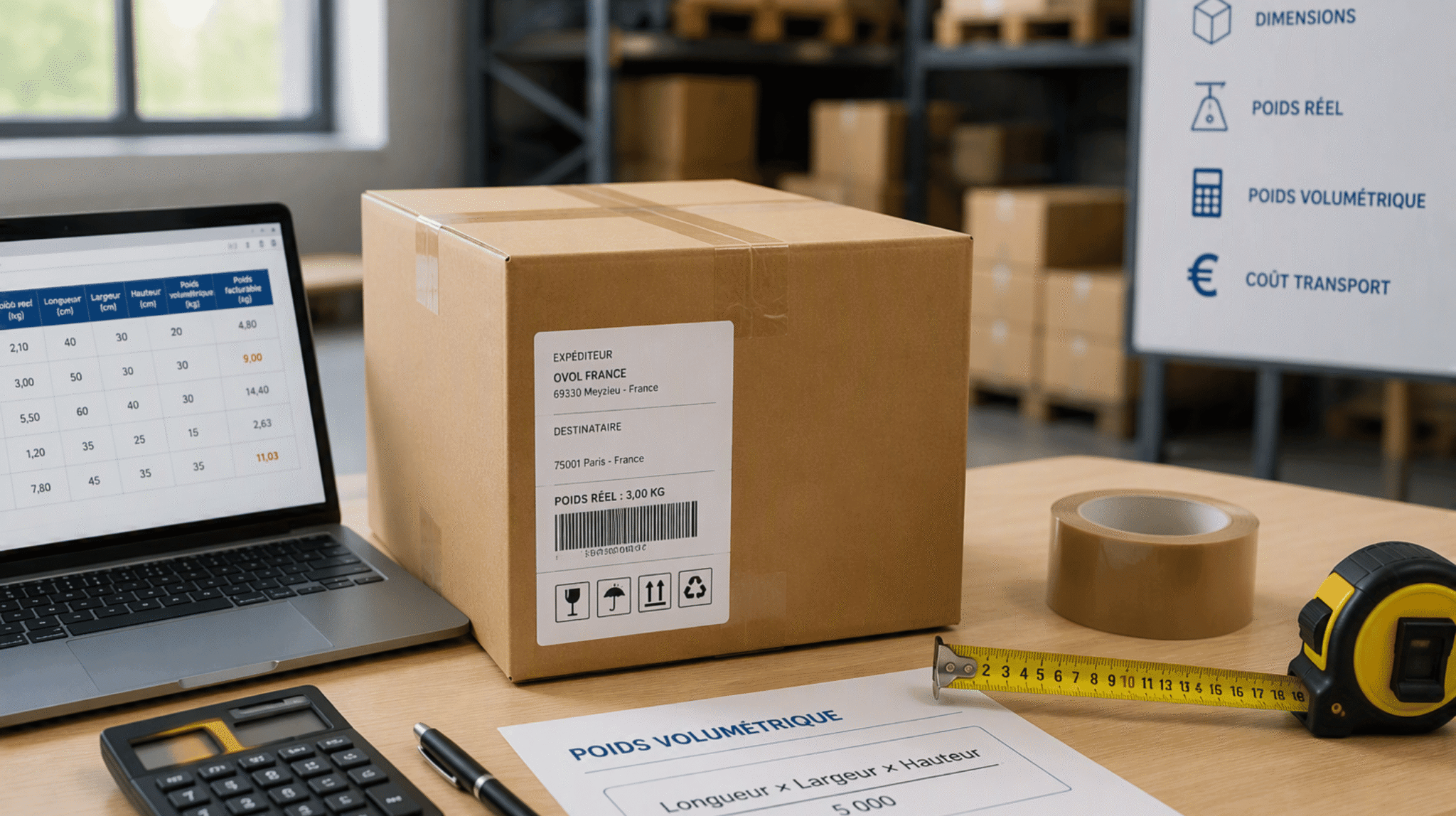 Carton d’expédition sur un poste de travail logistique avec ordinateur, mètre ruban, calculatrice et documents de calcul utilisés pour déterminer le poids volumétrique d’un colis.